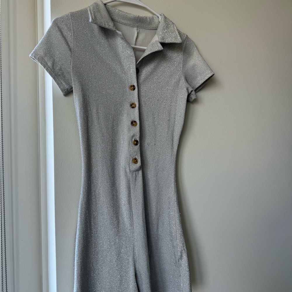 Shimmering Silver Button-Up Jumpsuit Swim Cover Up